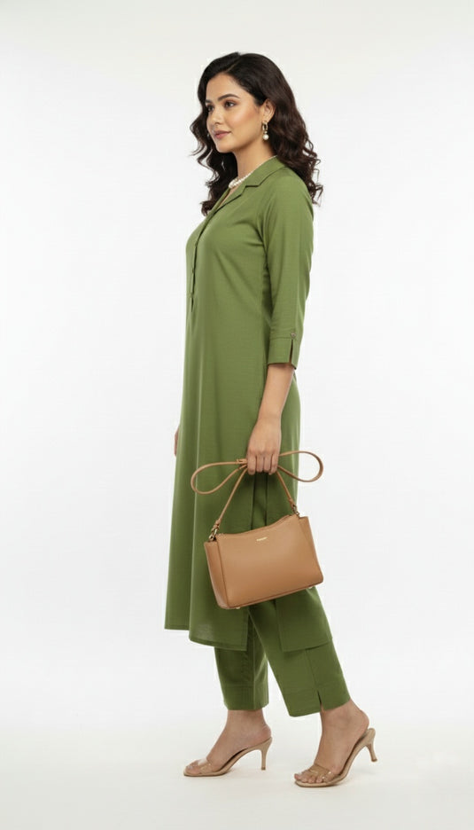 cotton silk collar mehandi green