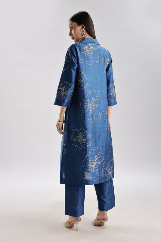 Cotton Silk Collared Printed Set