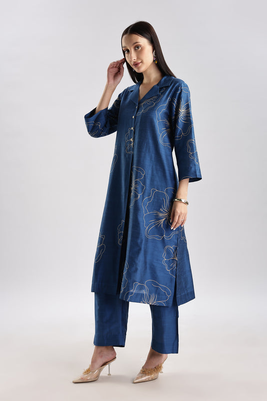 Cotton Silk Collared Printed Set