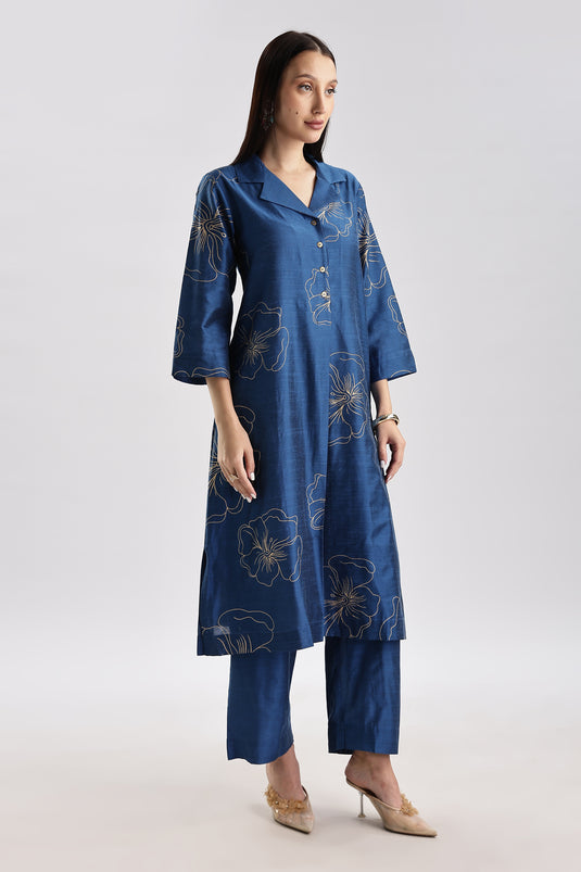Cotton Silk Collared Printed Set