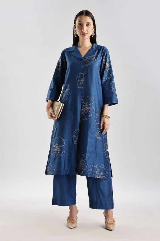 Cotton Silk Collared Printed Set