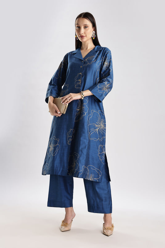 Cotton Silk Collared Printed Set
