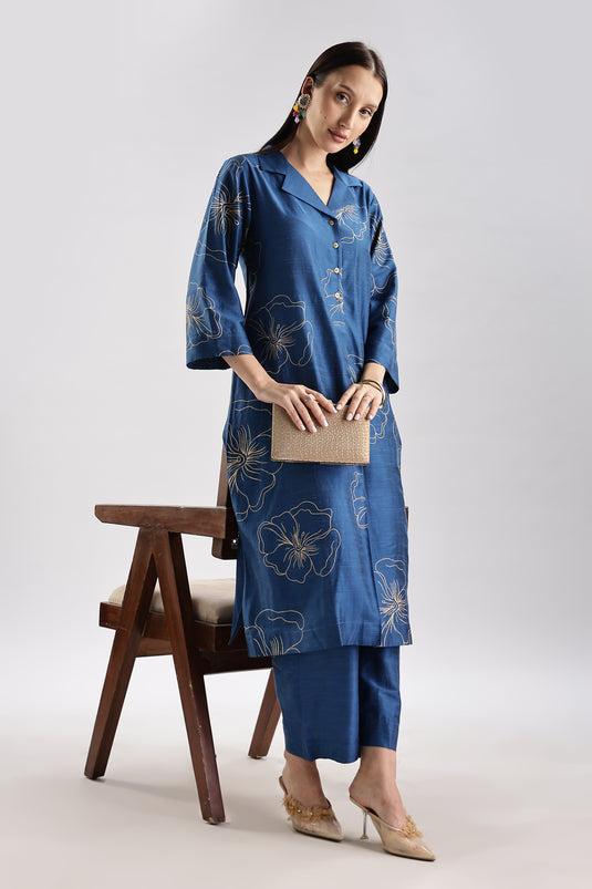 Cotton Silk Collared Printed Set
