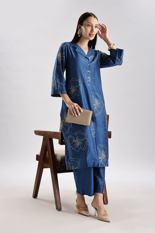 Cotton Silk Collared Printed Set
