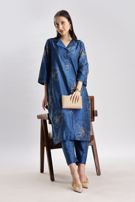 Cotton Silk Collared Printed Set